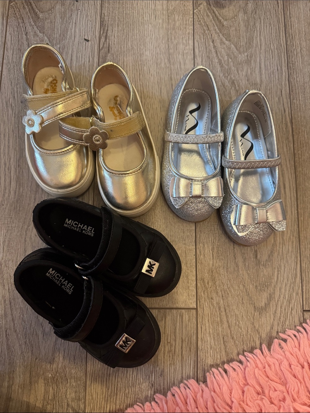 Michael Kors Girls Metallic Gold and Silver & Black Mary Jane Shoe Bundle